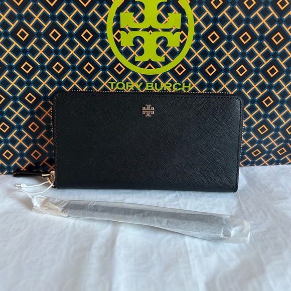 Tory Burch Emerson Zip Continental Wallet Black Gold - Picture 1 of 13